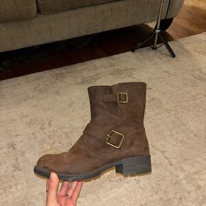 Brown Genuine Leather Ankle Boots with Buckle Detail